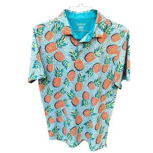 Good Good Polo Shirt Medium Performance Golf Blue Tropical Pineapple Fruit Beach